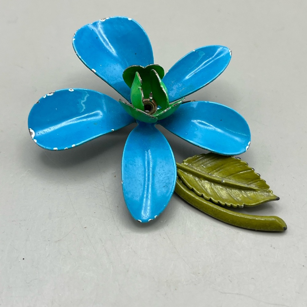 Vintage 1950’s Blue Enamel Flower Brooch -Mid Century Modern Estate Jewelry